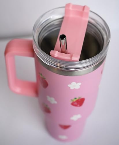 Image of 1200ML Stainless Steel Tumbler Hot and Cold with Handle and Lid and 2 Straws, Double Insulated Cup Leak Proof Mug Cupholder for Gym, Travelling (Pink)