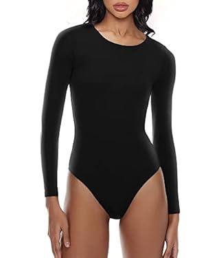 AMAZON - YIANNA Crew Neck Long Sleeve Bodysuit for Women Second-skin Feel Thong Body Suits Tops,YA5275-Black-S
