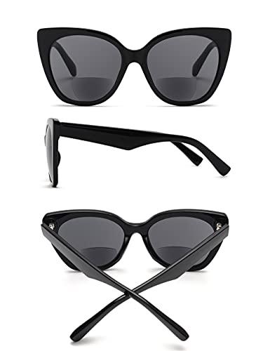 JM Classic Bifocal Reading Glasses Oversized Cateye Stylish Sunglasses Readers for Women Black +2.0 - Image 3