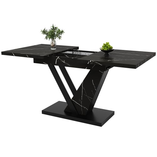 Tavolo da pranzo allungabile, 120-160 cm, con decorazione in marmo nero, tavolo da cucina per 6-8 persone, con funzione telescopica e robusta struttura in metallo, nero