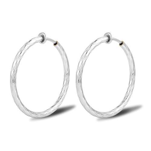 Clip On Hoop Earrings For Women No Piercing Earrrings Spring Hoops for Non-Pierced Ears Silver Tone 4CM/1.57