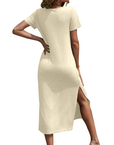 Image of Dyexces Women Summer T Shirt Dress Casual Short Sleeve V Neck Maxi Dresses Loose Side Slit Long Tshirt Dress with Pockets