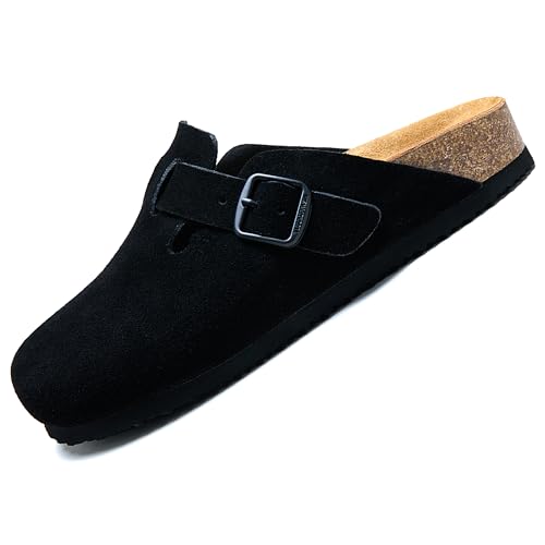 VLUUKUPFASIN Women's Genuine Suede Clogs for Women Men Slip On-Arch Support Comfortable Mules & Potato Shoes with Adjustable Buckle Casual Footwear Unisex Black