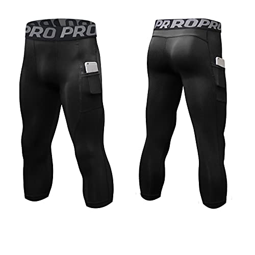 3 Pack Mens 3/4 Compression Pants Running Football Tights with Pockets Workout Active Leggings Sports Yoga Gym Baselayer2