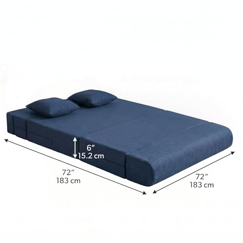 Image of Foldable Four Seater Sofa Bed 6 X 6 Ft Jute Fabric Washable Cover Sofa Cum Bed with Cushions Convertible Sofa Bed for Home (Blue Color - Pre-Assembled)