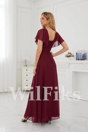 Image of WilFiks Ruffle V Neck Bridesmaid Dresses for Women Long Ruched Chiffon Formal Wedding Guest Dress Evening Gowns with Slit