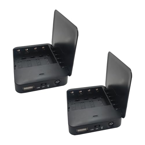 Battery Operated Phone Charger with LED|EmergencyUSB Battery Powered Power Bank Portable 4 AA Batteries Powered Outlet (2Pack Black)