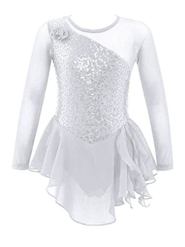 Agoky Kids Girls Figure Ice Skating Dress Shiny Rhinestones Mesh Splice Long Sleeves Ballet Gymnastic Leotard Dress White A 13-14 Years