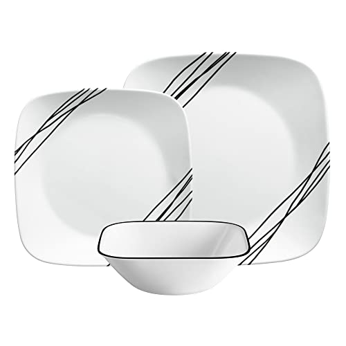 Corelle Juego de vajilla (12 piezas, boceto sencillo) - cena para 4 incluye x: platos llanos, guarniciones y cuencos 3...