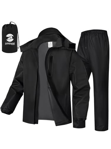 SaphiRose Men's Waterproof Rain Suit 2pcs/set Packable Rain Gear for Golf Motorcycle Fishing(Black,XL)