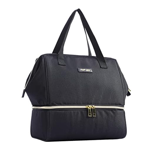MIER Womens Lunch Box Bag Insulated Large Lunchbox Cooler Totes with Pockets for Work Office Beach Picnic Travel, Dual Compartment, Black Golden