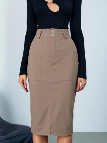 Women's Bodycon Midi Skirt Elegant High Waisted Split Hem Dressy Casual Skirts with Pockets4