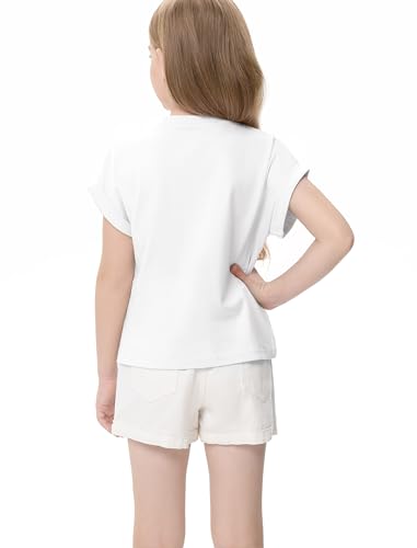 Girls Short Sleeve T-Shirt Top Solid Roll Up Cuffs Crew Neck Fashion Tees with Spliced 3D Floral 3-12Y2