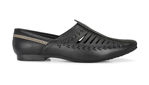 Image of Ethnic Jutti & Mojri Shoes for Men | Traditional Nagra Style Footwear | Slip On Design | Closed Toe Pattern | Cultural Wear Mens Shoes | Black Color