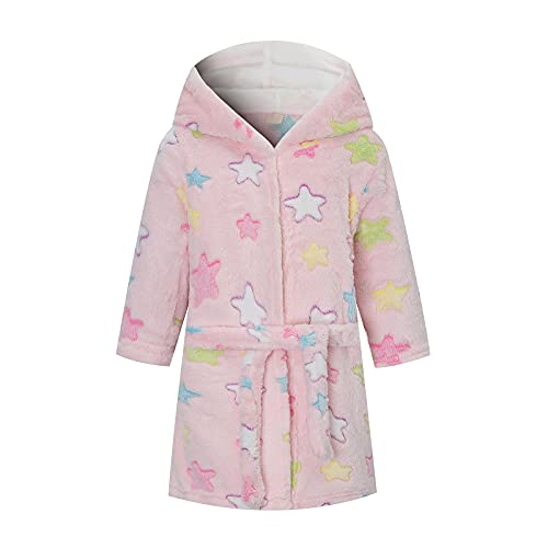 DERCLIVE Vestido de franela para niñas y niñas, suave bata de baño con patrón lindo bata de franela para niños pequeños con capucha, pijama de ropa de dormir, Rosa - Estrellas, 3-4 Años Cover