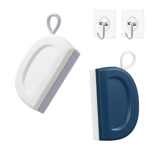 LUAKIIHM 2 Pack 4.25 Inch Small Squeegee All-Purpose Shower Mirror Squeegee with 2 Adhesive Hooks Streak-Free Silicone Blade for Bathroom Mirror Kitchen Car RV Blue & White