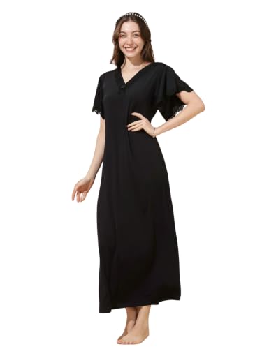 Image of 9shines Label Stylish Soft Modal Maxi Nighty | Honeymoon Nighty | Full Length Trendy Nightgown | V-Neck Lace | Premium Nightdress | Soft Long Nightdress | Maxi Gown Nightwear for Women (Malai Satin)
