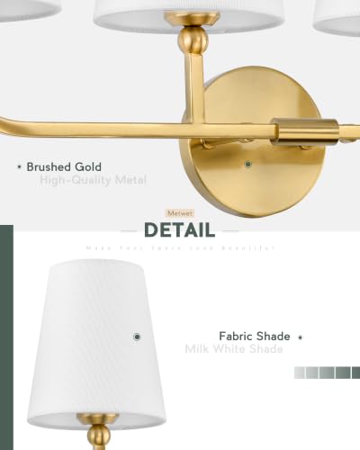 Image of 4-Light Brushed Gold Bathroom Vanity Light with White Fabric Shade | 28 Inch gold bathroom light fixture over mirror, UL listed, E26 bulbs, hardwired, upward only, VL837-BG-4K