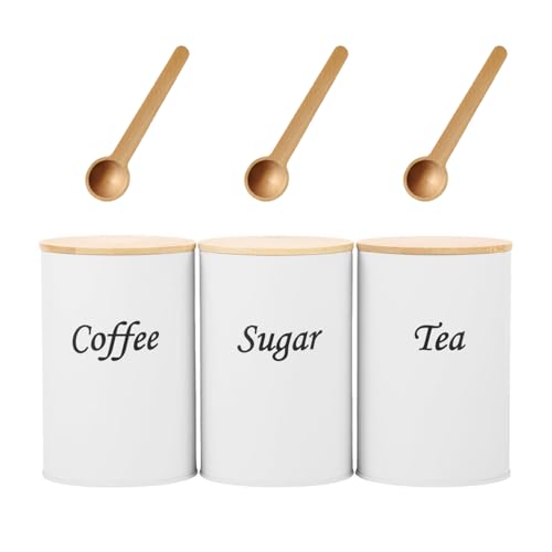 Image of Tea Sugar and Coffee Canisters set 1L Vintage Kitchen Canister Set tea coffee sugar 3 Piece of Metal Canister Storage Jar Container Set With Airtight Bamboo Lid, Farmhouse Kitchen Home Decor (White)