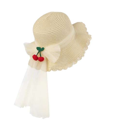 Little Girl Breathable Summer Straw Hat Cute Cherry Lace Bowknot Sun Hats Kids Floppy Beach Cap Wide Brim Sun Visor