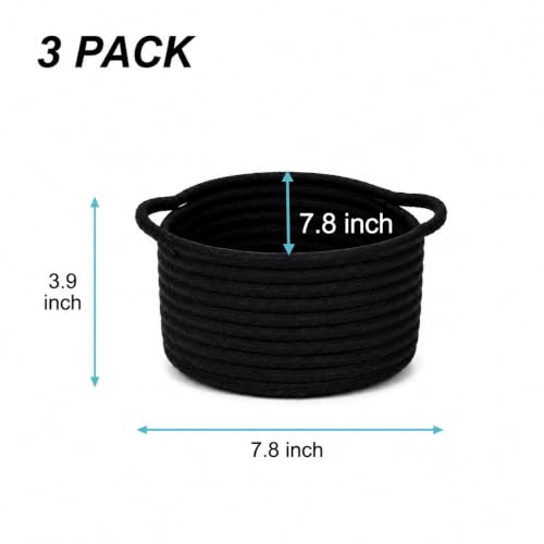 Image of Small Woven Cotton Rope Baskets with Handle, Set of 3, Black | Boho Round Design, Bathroom Organizer, Safe for Kids & Pets, Chemical-Free Cotton, Multi-Room Storage