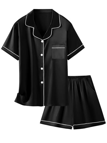 Schbbbta Kids Silk Pajamas Sets Girls Pjs Satin Sleepwear Lounge Sets, Black, 11-12 Years