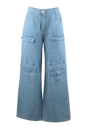 AULKEEP Womens Wide Leg Bell-Bottomed Pants Loose Baggy Denim Pants Multi-Pocket High Waist Blue Jeans