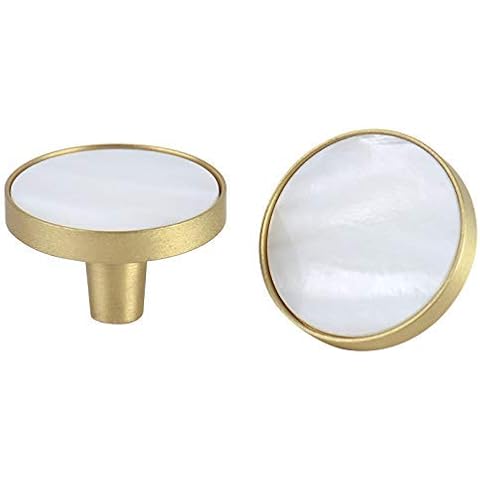 Decorative White Shell Round Kitchen Cabinet Knobs and Pulls Brushed Brass Marble Drawer Cupboard Door Pulls Handles Gold 4Pack (4,22x25mm) Cover