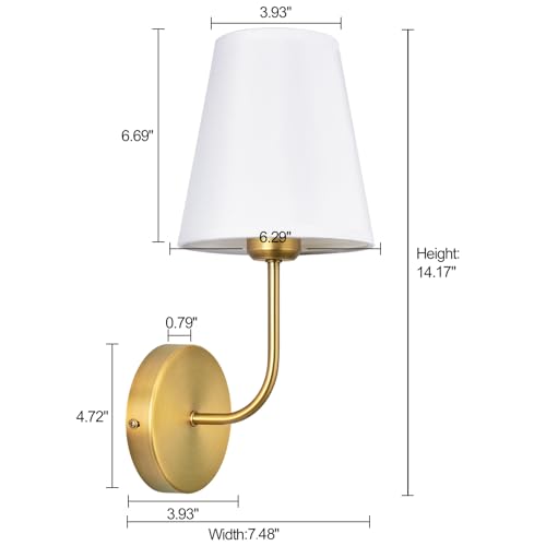 Image of Antique Brass Hardwired Wall Sconce Set of 2 - Gold Finish with White Fabric Shades，Bedroom Lighting, Living Room, Farmhouse, Fireplace, Hallway, Bedside Lamp,Bathroom Wall Lights