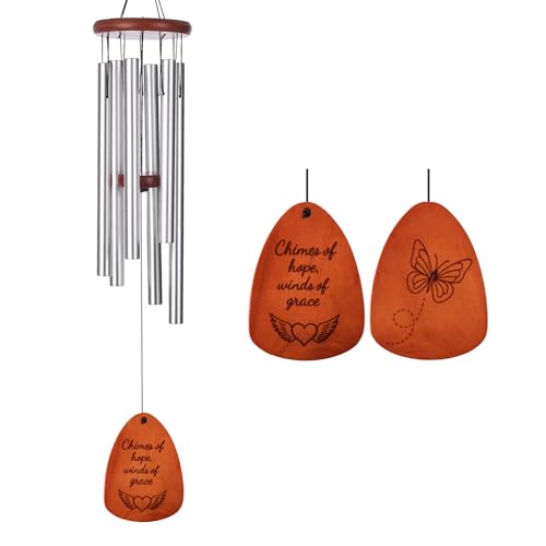 Emelunox Inspirational Wind Chimes for Outside – Deep Tone Chimes with Wooden Sail | Outdoor Hanging Decor for Patio & Garden | Unique Designs, Healing Gift of Peace & Comfort (Silver, 32 Inch)