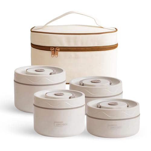 Nexso Stainless Steel Lunch Box 4pcs Set 3-Layers of Insulation | Leakproof Box with Thermal Insulated Lunch Bag 304 Steel Containers Stackable & Perfect for Work School Travel Picnics
