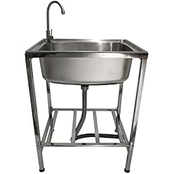 Fregadero Camping Casero Fregadero de Camping en Acero Inoxidable para Jardín Exterior Barbacoa BBQ Viajes de Pesca Acampada Glamping con Grifo de Agua Giratorio 360° 60x45x79cm Tubo de Drenaje + Paño Microfibra GRATIS