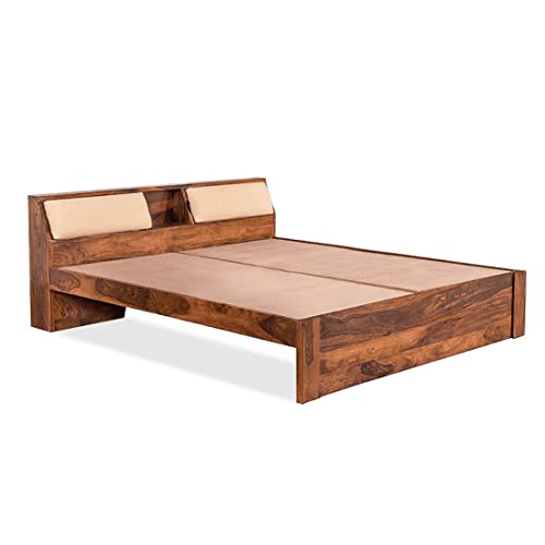 Image of Solid Sheesham Wood Queen Size Bed with Headboard Storage Wooden Double Bed Cot Palang for Bedroom Living Room Home Hotel - Honey Finish | 1 Year Warranty