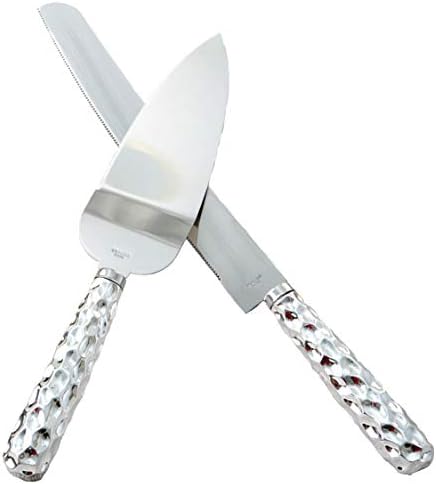 FASHIONCRAFT Hammered Design Handle Cake Knife and Server Set – Wedding Favor, One Size, Stainless Steel Blades with Shiny Silver Handles