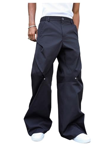 Verdusa Men's Rivet Wide Leg Dress Pants Business Casual Loose Long Trousers with Pockets