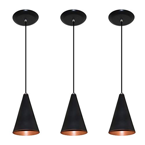 Kit 03 pendentes de alumínio modelo cone - ideal para balcão/bancada - Preto com Cobre