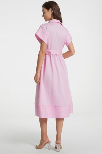 Image of Ladyful Women Casual Button Down Shirt Dress Short Wing Sleeve Buiness Midi Shirt Dress with Belt Elegant Dress