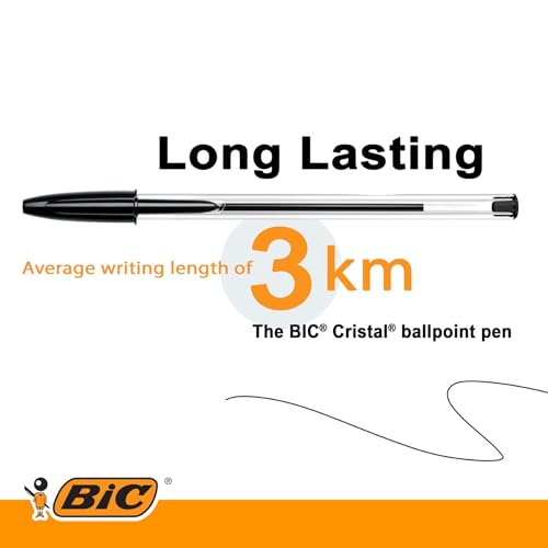 BIC Cristal Original Ball Point Pen, until 3km of writing - Pack of 50 Pens - Medium Point (1.0 mm) - Black Ink