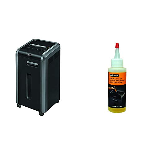 Fellowes 3825001 Powershred 225Ci 100% Jam Proof 22-Sheet Cross-Cut Commercial Grade Paper Shredder,Black & Powershred Performance Shredder Oil, 16 oz. Extended Nozzle Bottle (3525010)