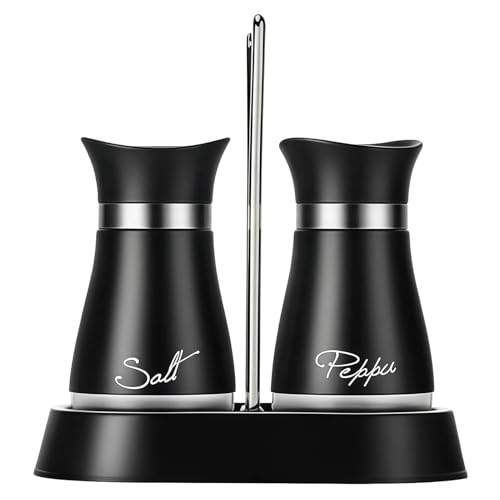 Image of Salt and Pepper Shakers Set with Holder, Vintage Cruet Sets Stainless Steel Salt and Pepper with Glass Bottom, Refillable Salts Shaker for Home Restaurant Wedding BBQ Camp