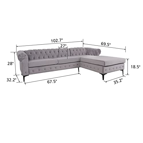 Nosga Modern Velvet Fabric L Shaped 3-Seat Sectional Sofa Couch, Furniture Sectional Chesterfield Couch Set, Upholstered Scroll Arm Chesterfield Sofa With Chaise For Living Room(Light Grey) #TOP1