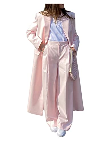 Women's Long Suit 2 Pieces Set Double Breasted Jacket with Wide Leg Pants for Daily Wedding