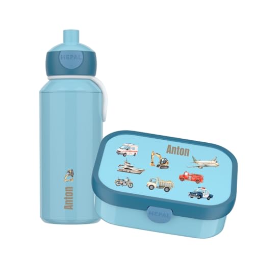 Mepal Set Brotzeitdose & Trinkflasche personalisiert Brotdose Kinder mit Fächern Lunch Box & Wasserflasche mit Name auslaufsicheres Bento Box Set mit buntem Aufdruck Fahrzeuge (hellblau)