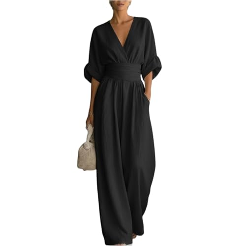 Mono Mujer Media Manga Cuello en V   Moda Mujer 2026 Mono Anchos Elástico Basicas, Monos Cintura Entallada con Bolsillo Único Classic para Fiesta Bodas Trabajo Oficina Negro M