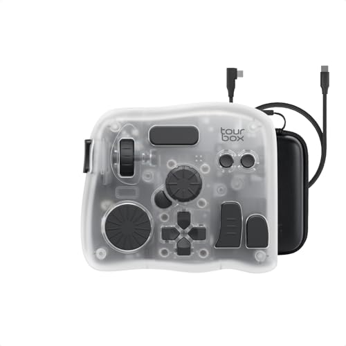 TOUR BOX Elite Plus All-in-Creative Controller, Bluetooth Keyboard for Photo & Video Editing, Color Grading, Illustration, Works with Procreate, Adobe & Davinci, Cable Bag Included (Ice Translucent)