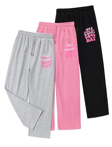 Image of EXARUS 3 Pack Girls Sweatpants Joggers Teen Sweat Pants Wide Leg | Tween Baggy Casual Preppy Pockets High Rise Elastic Waist School Sports Trendy Clothes Kids Youth Junior 6-14Y
