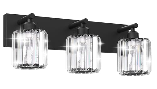 Image of Black Crystal Bathroom Vanity Light, 3-Light Modern Bathroom Lighting Fixtures Over Mirror, Matte Black Wall Sconce Light Fixtures with Round Shade