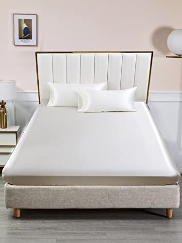 Sábana bajera ajustable de satén de 200 x 200 cm, color beige crema, con somier, de seda brillante, patrón liso, sábana bajera ajustable de alta calidad para colchones altos de hasta 25-30 cm