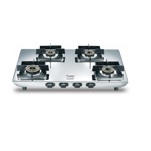 Image of Prestige Valora 04B Stainless Steel Body L.P. Gas Stove 4 Brass Burners Silver|Wind Guard Pan Support|360 Revolving Nozzle|Removable Spill Tray