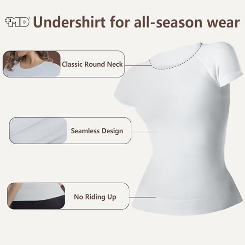 Image of +MD Women's Seamless Short Sleeve Undershirt, Light Compression Scoop Neck Tank Top, Tummy Control Basic Tee Camisole